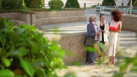 three professional women conversing outdoors