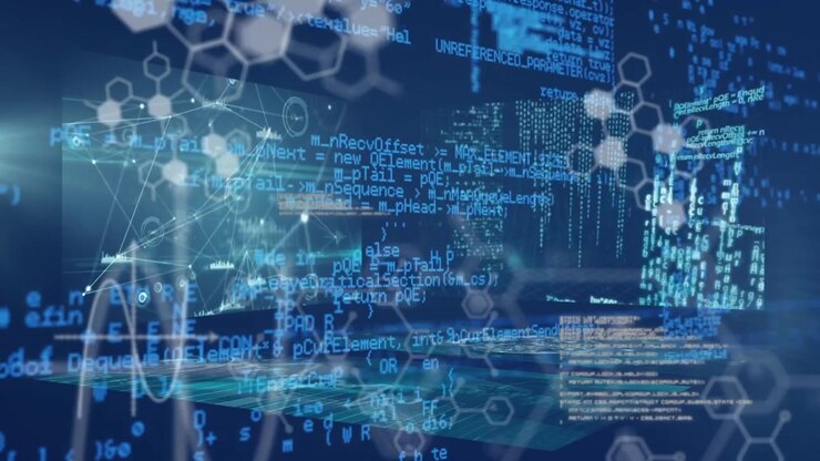 Animation of chemical formula and data processing on blue background