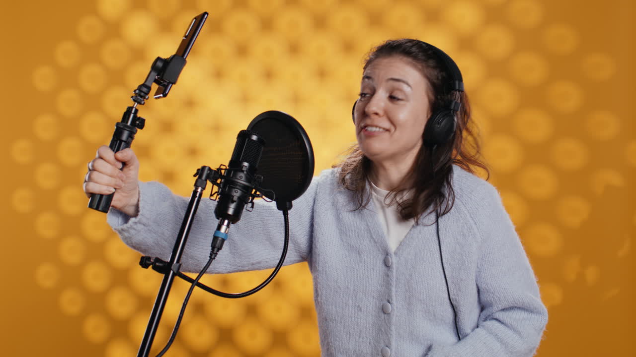 un influyente alegre filmando revisando un libro con un palo de selfie, fondo del estudio