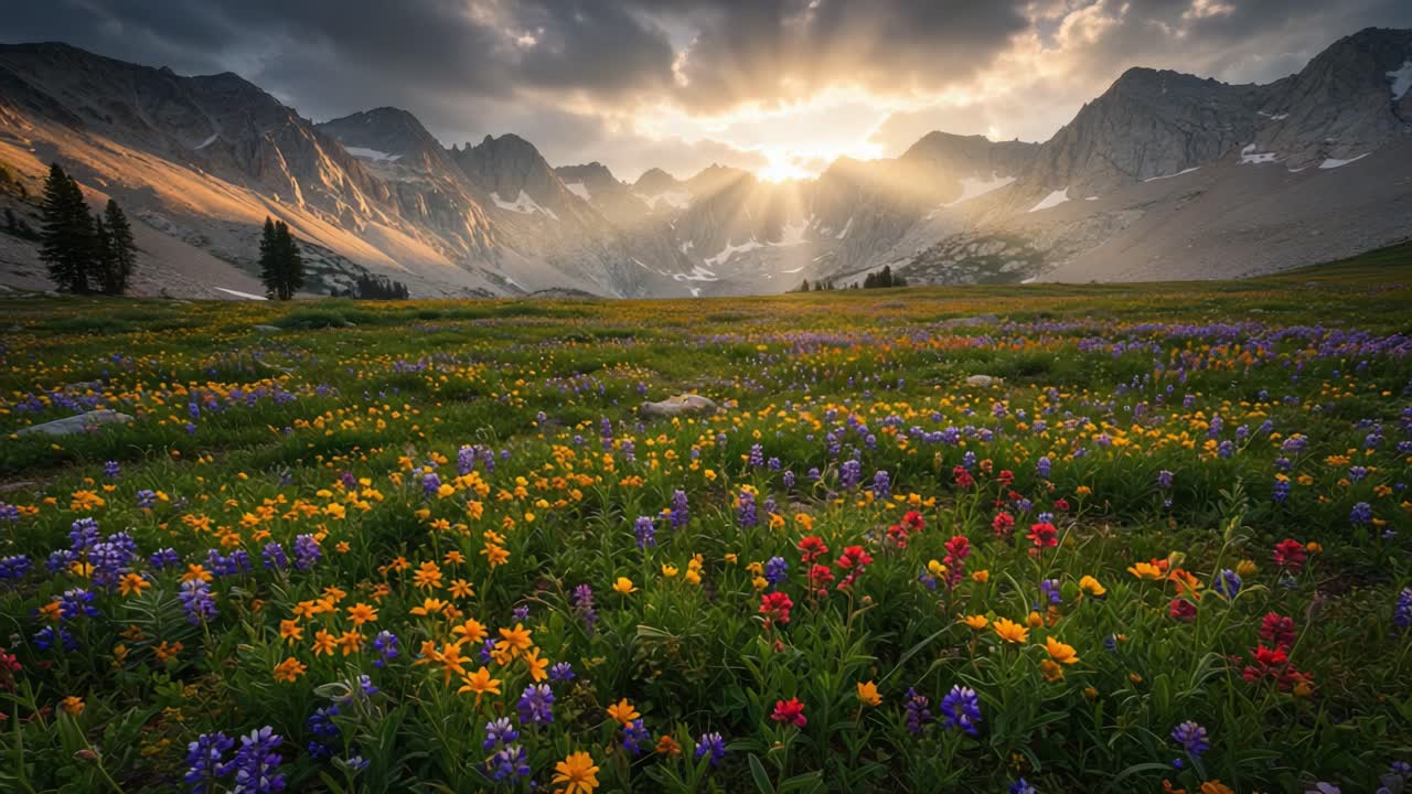 A breathtaking panorama of vibrant wildflowers in a lush meadow beneath ...