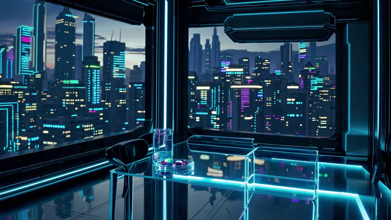 Woman Examining a Glass Jar in a Futuristic Cityscape