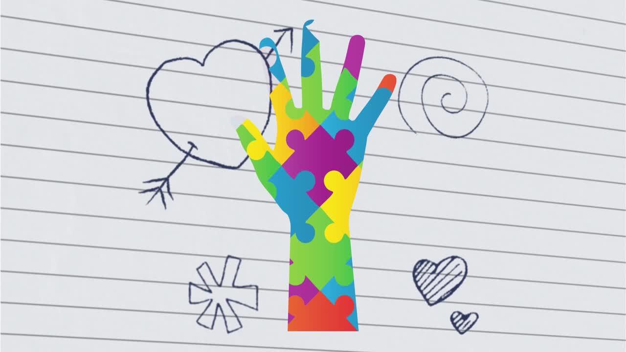 анимация руки, сформированная головоломками над школьными иконами на линейной бумаге