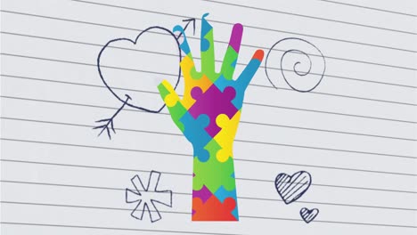 animación de la mano formada con rompecabezas sobre iconos escolares en papel regido