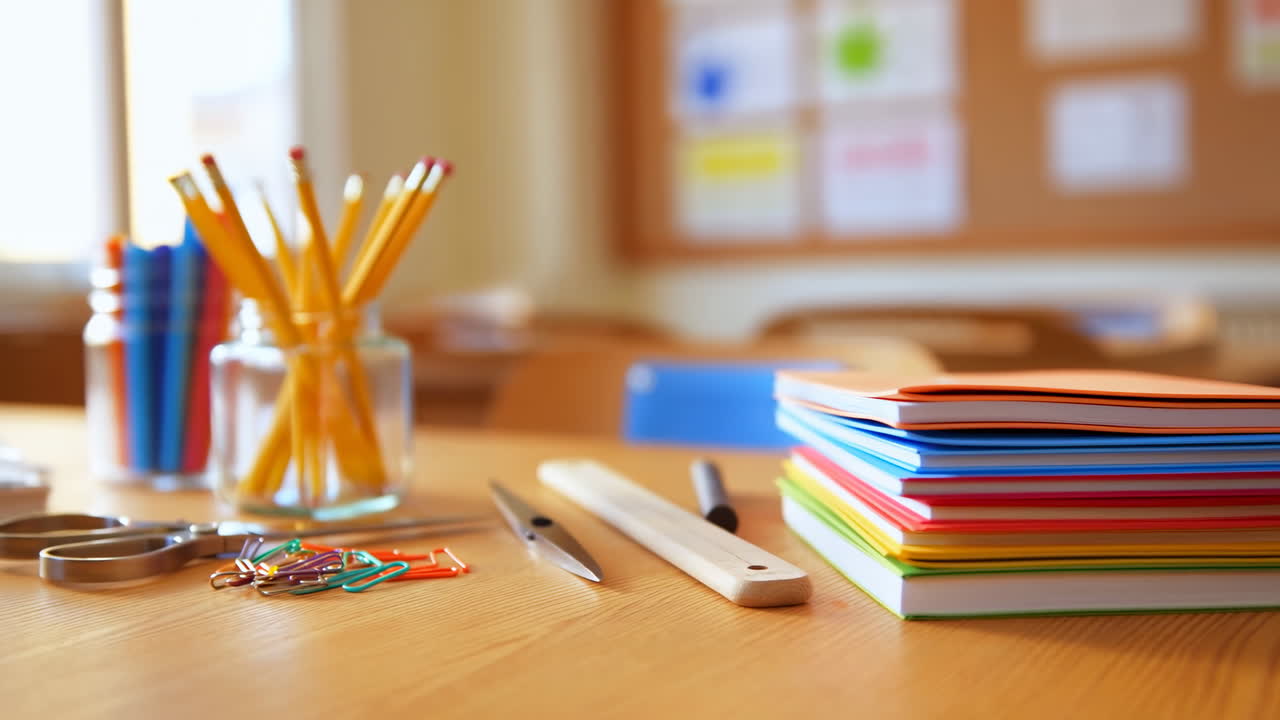 Organized School Supplies on a Desk in a Classroom Setting