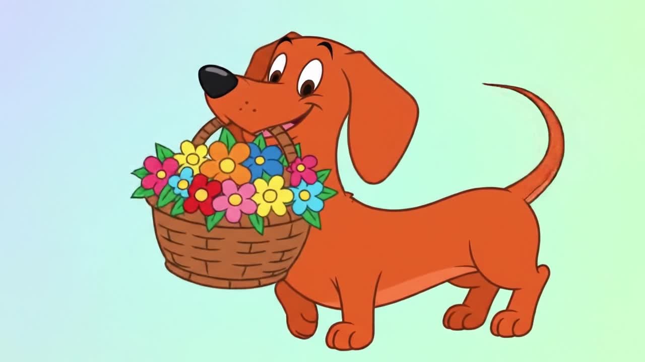 A cheerful cartoon dog happily carrying a basket filled with colorful flowers, showcasing joyfulness and playfulness in a vibrant animation style