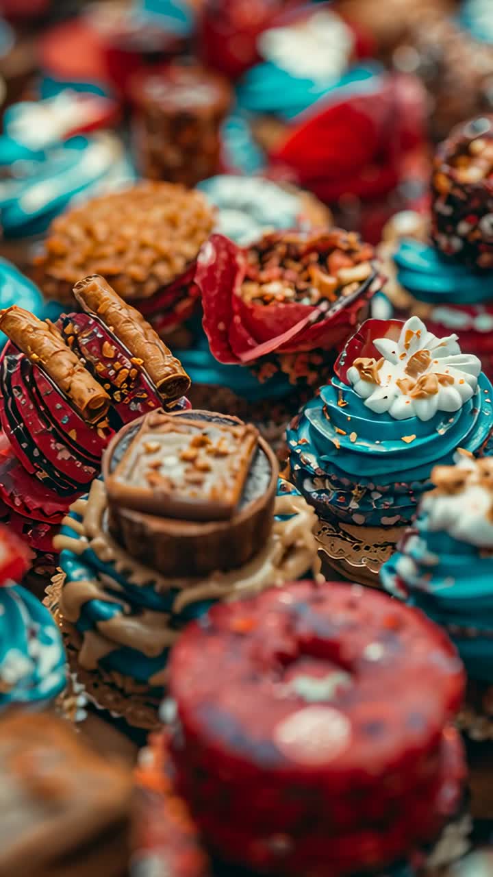 Vertikales Video: Kamera wechselt den Fokus und zeigt einen blauen Cupcake und Waffeln mit Nüssen auf einem Bäckereitablett.