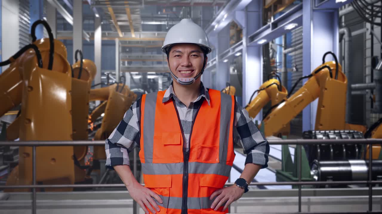 Asian Male Engineer Wearing Safety Helmet Smiling To Camera While Standing With Arms Akimbo With Industrial Robotic Arms Working