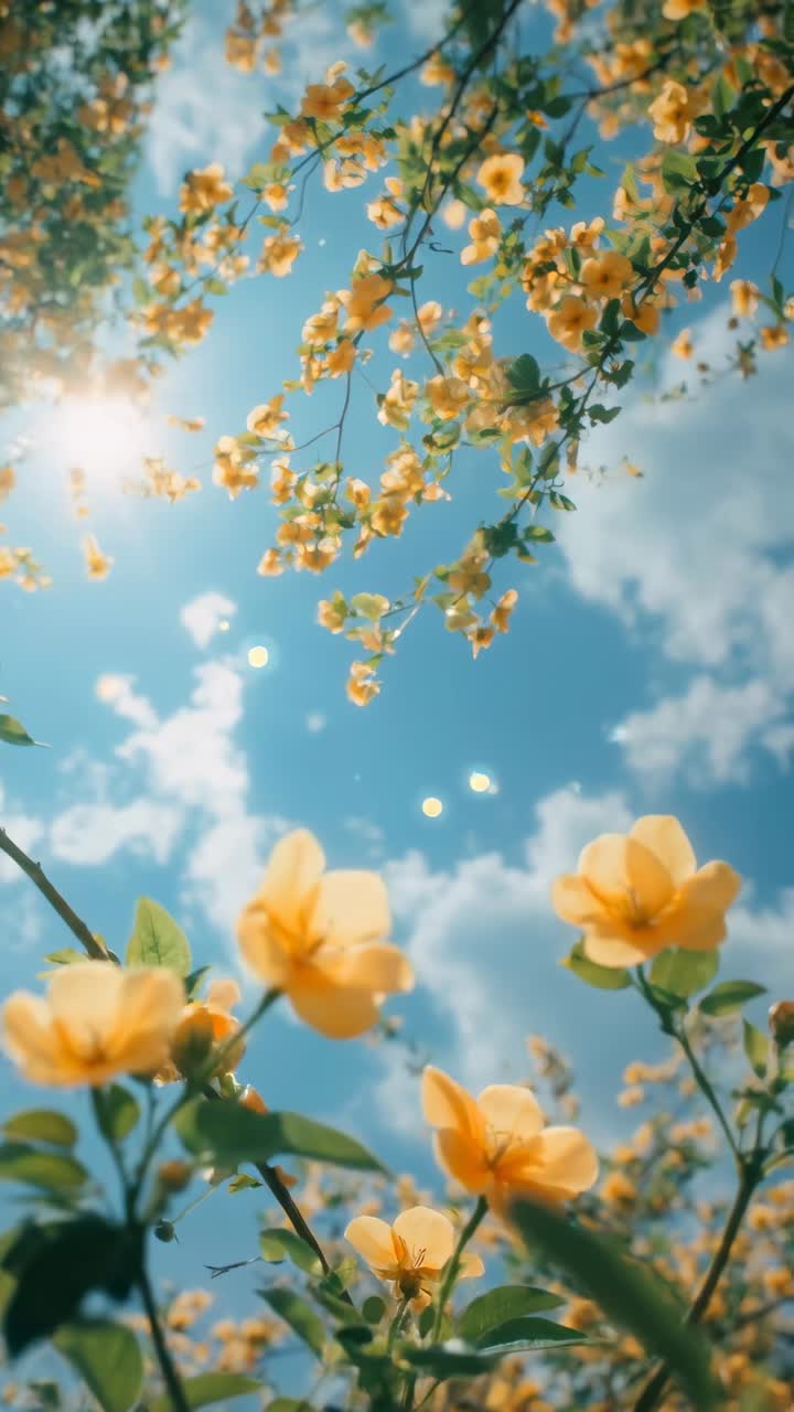 Plano de vídeo em ângulo baixo de flores amarelas contra um céu azul brilhante, capturando um dia sereno e ensolarado.