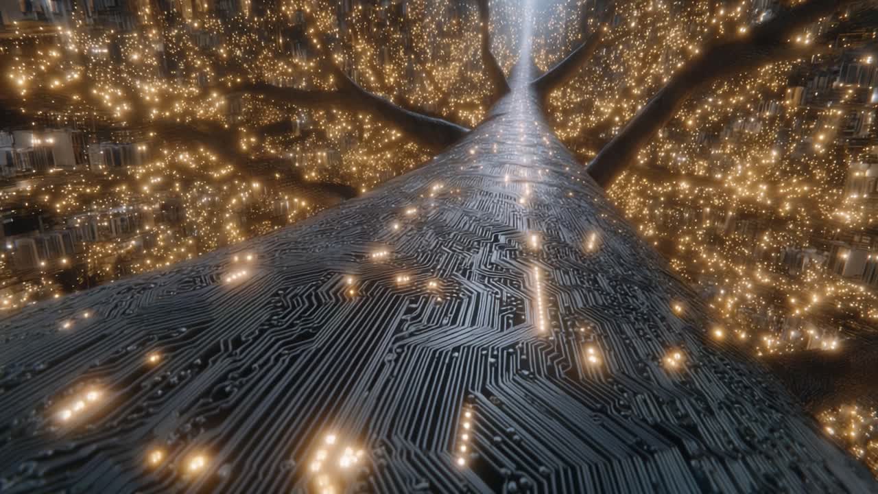 A Stunning Visualization of a Futuristic Tree Blending Nature and Technology, Showcasing a Trunk Covered in Circuit Patterns and Glowing Lights Amongst a Forest of Data