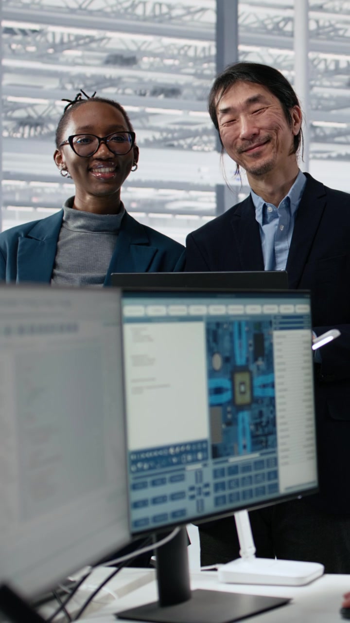 Vertical video Portrait of cheerful multiethnic team examining microchip circuit layouts