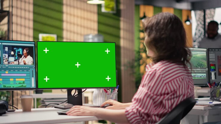 Kvindelig videoeditor arbejder med grøn skærm på kontor