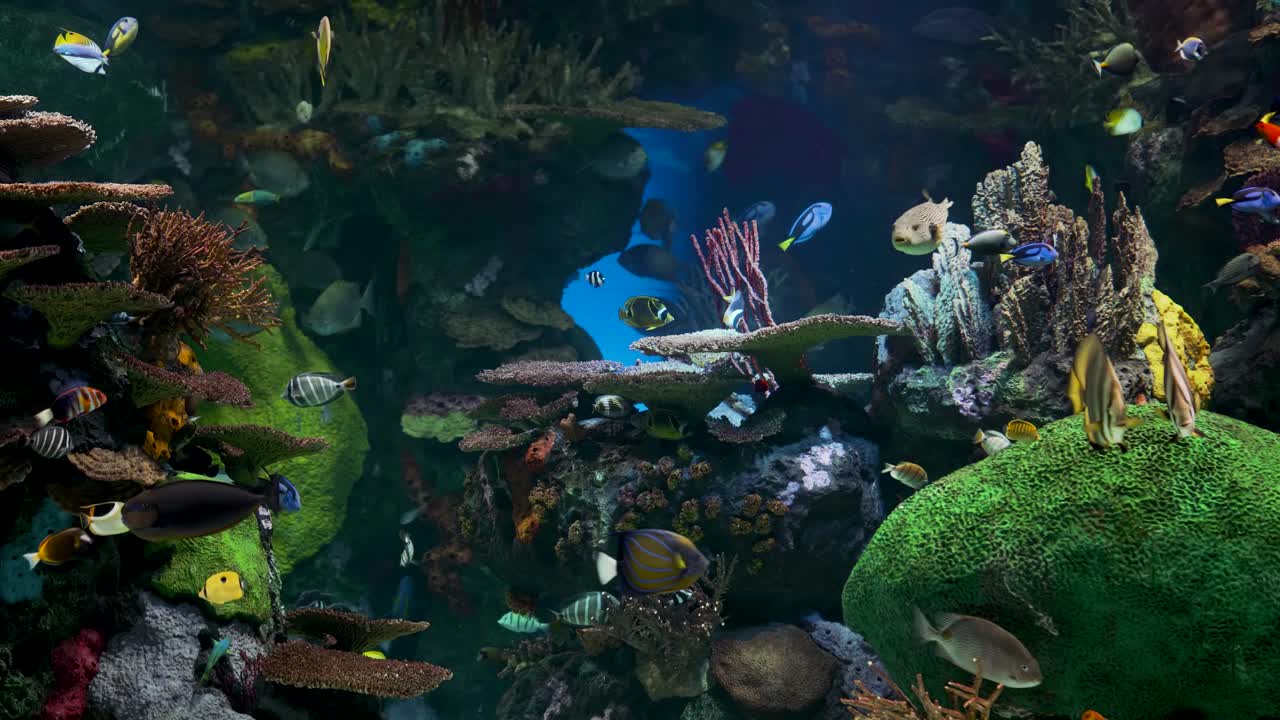 Grande acquario decorato con una barriera corallina con pesci tropicali, tartarughe e razze.