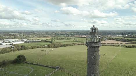 360 degree flight around the spire of lloyd heritage lighthouse near kells, ireland with surrounding landscape on a cloudy day