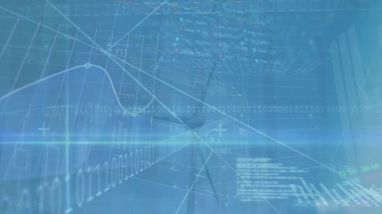 Animation of data processing over wind turbine and animation financial data processing