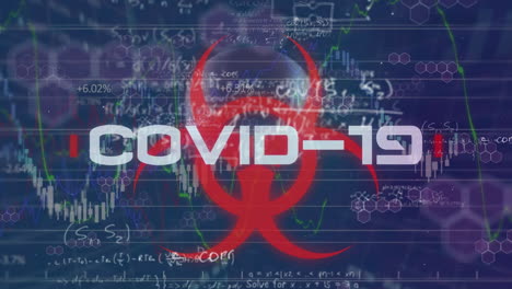 animación de covid 19 y riesgo biológico sobre datos científicos sobre fondo azul
