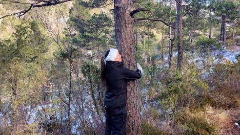 woman embracing, hugging and showing love to a pine tree out in nature - sunny winter day static