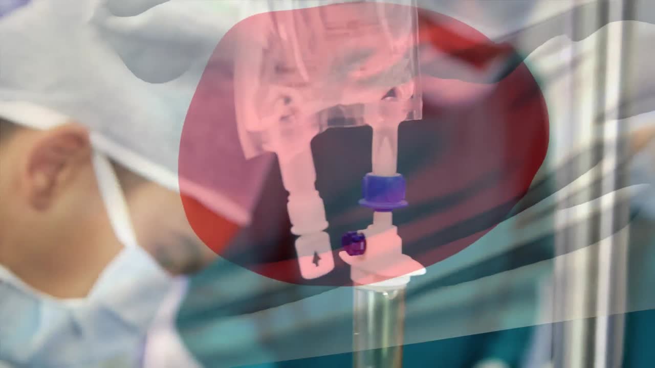 수술실 에서 외과 의사 들 위 에 흔들리는 일본 국기 의 애니메이션