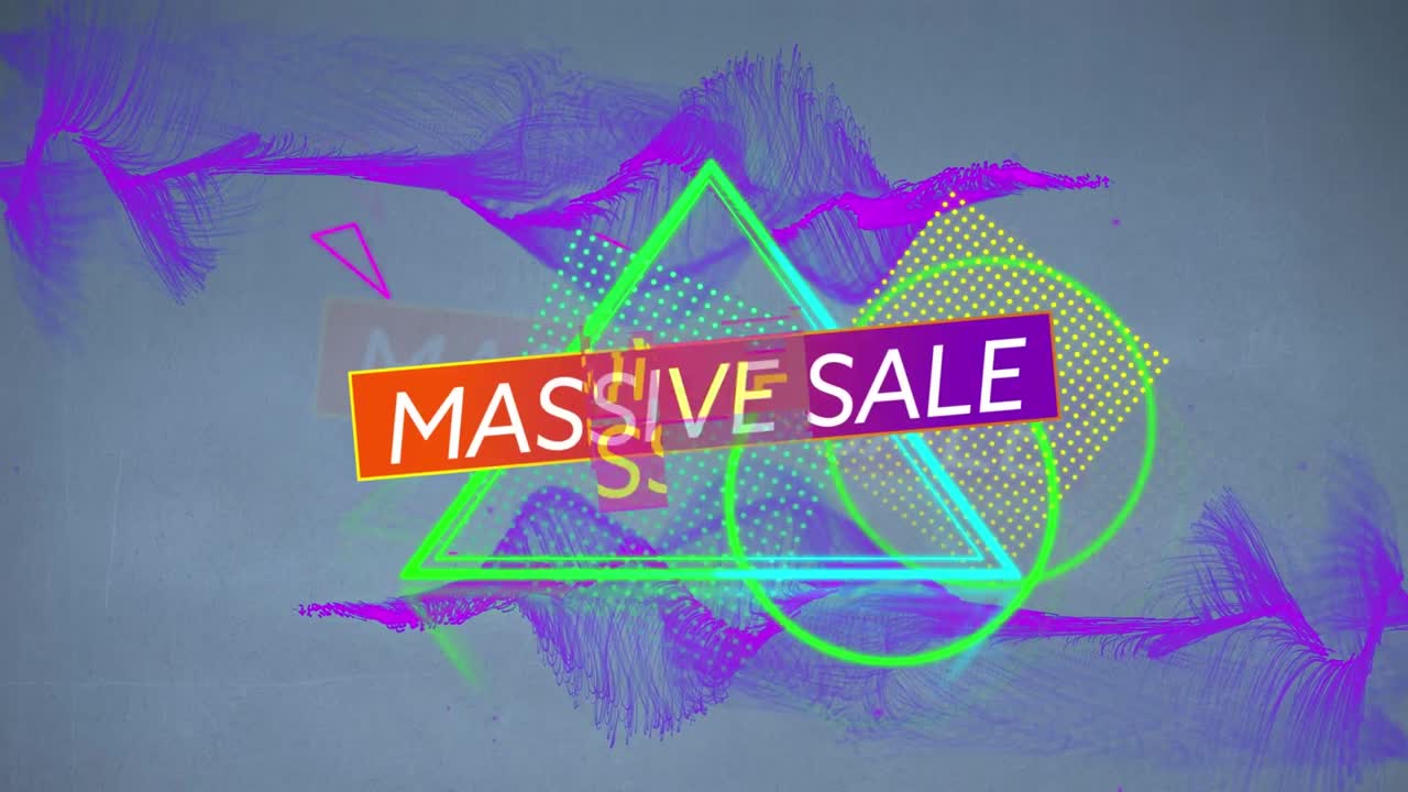 animación de texto de venta masiva sobre forma geométrica