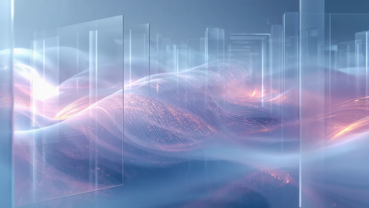 Camera pushing forward, glowing mist and glass panels drifting through luminous corridor, sparkling