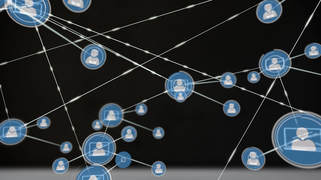 Animation of network of connections with icons on black background
