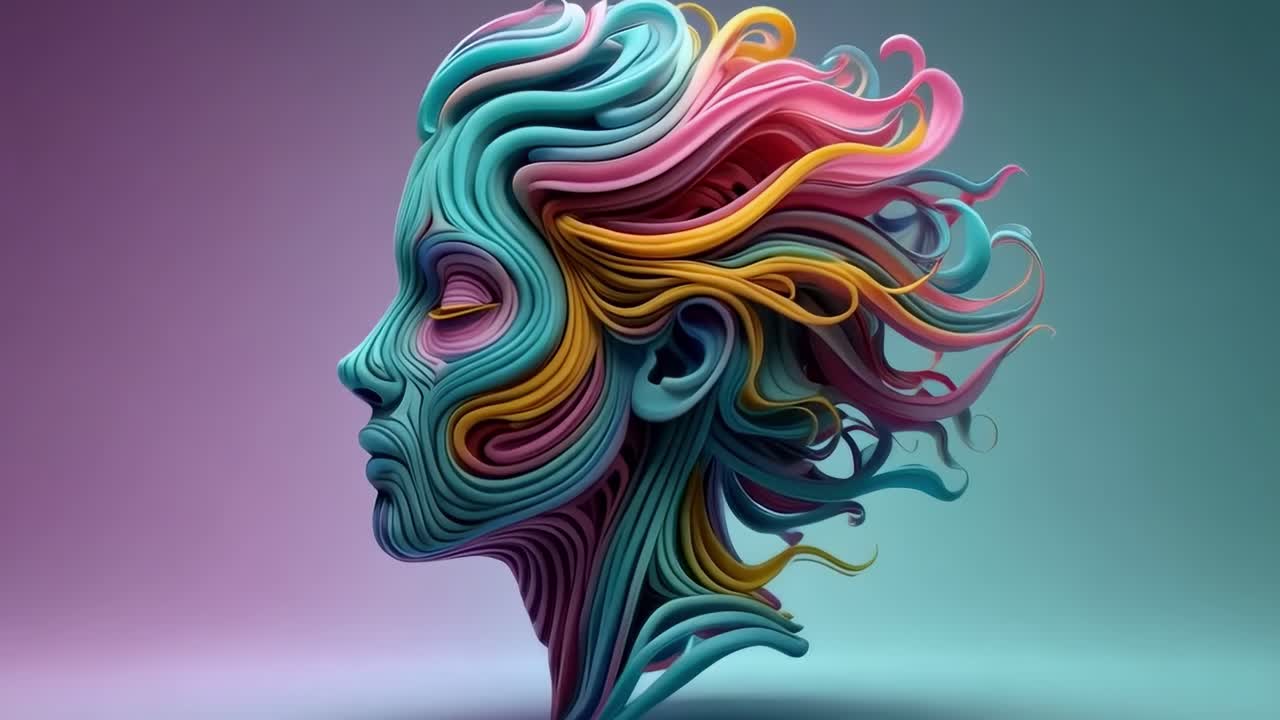 Creative sculpture of a colorful abstract face with flowing hair, showcasing intricate design and vibrant hues in a modern artistic style