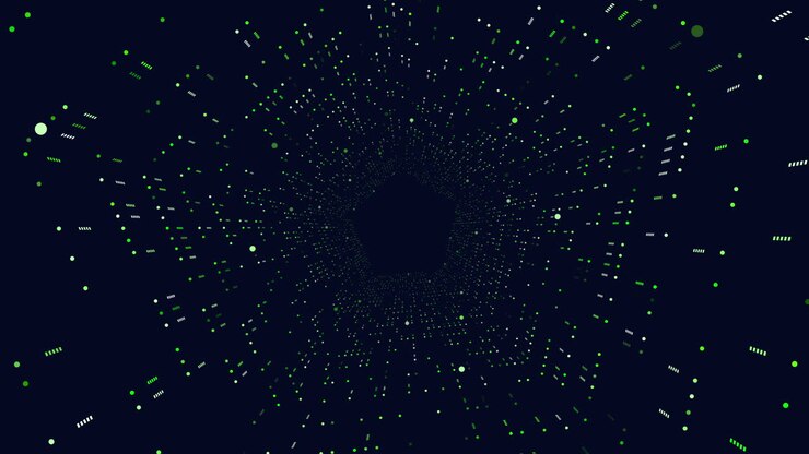 Futuristic hexagons with neon dots and lines in vertigo on dark gradient
