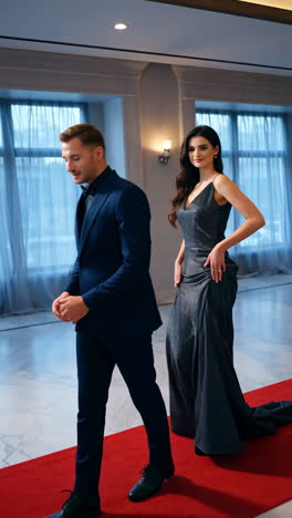 elegant individuals walk the red carpet at a formal event