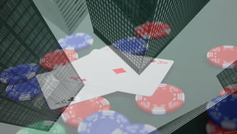 animation of playing cards and chips on board over cityscape