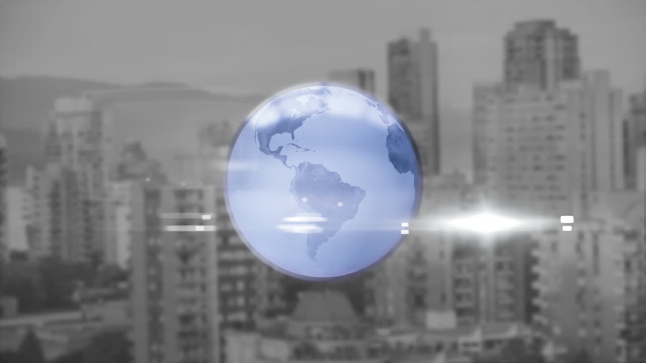 animación de puntos de luz y globo sobre el paisaje urbano