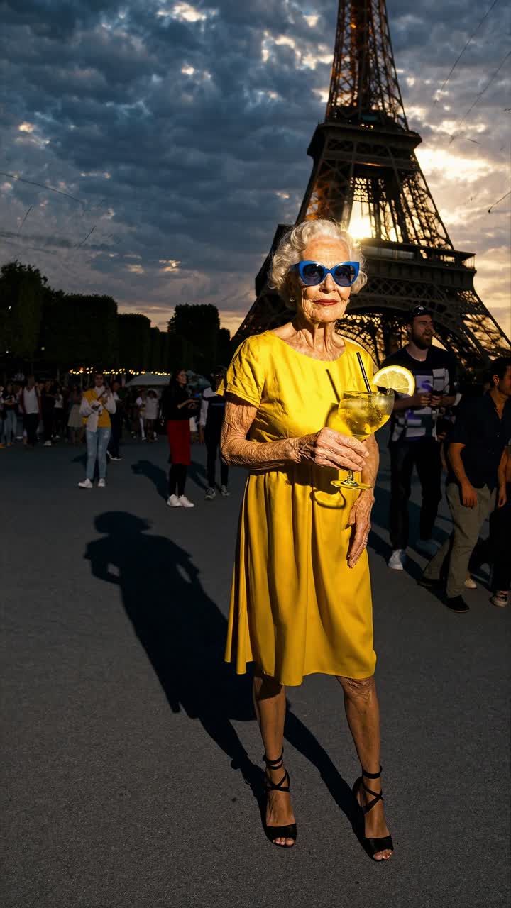 Sophisticated elderly lady sipping citrus cocktail, wearing sunglasses, yellow dress near iconic European backdrop during golden hour sunset