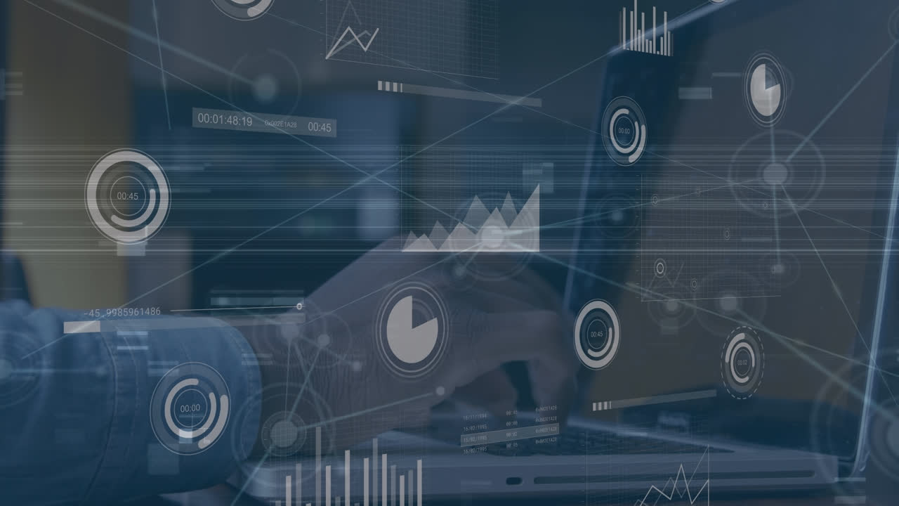 사무실에서 노트북으로 일하는 백인 사업가에 대한 그래프 데이터 처리 애니메이션