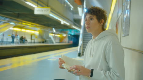 woman reading a book on underground station