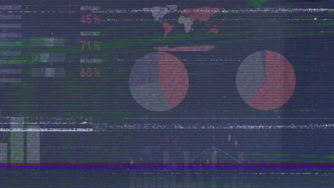 Animation of screen with glitch, data and graph on navy background