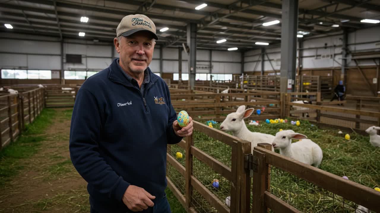 A Joyful Farmer Celebrating Springtime with Colorful Eggs and Adorable Lambs in a Cozy Barn Setting
