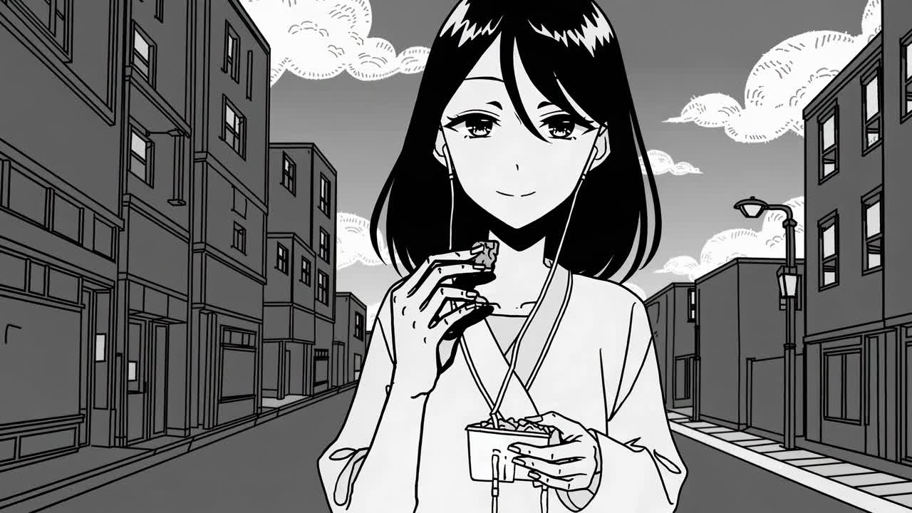 Fermo immagine video in stile anime di una ragazza che mangia, ripreso dal basso