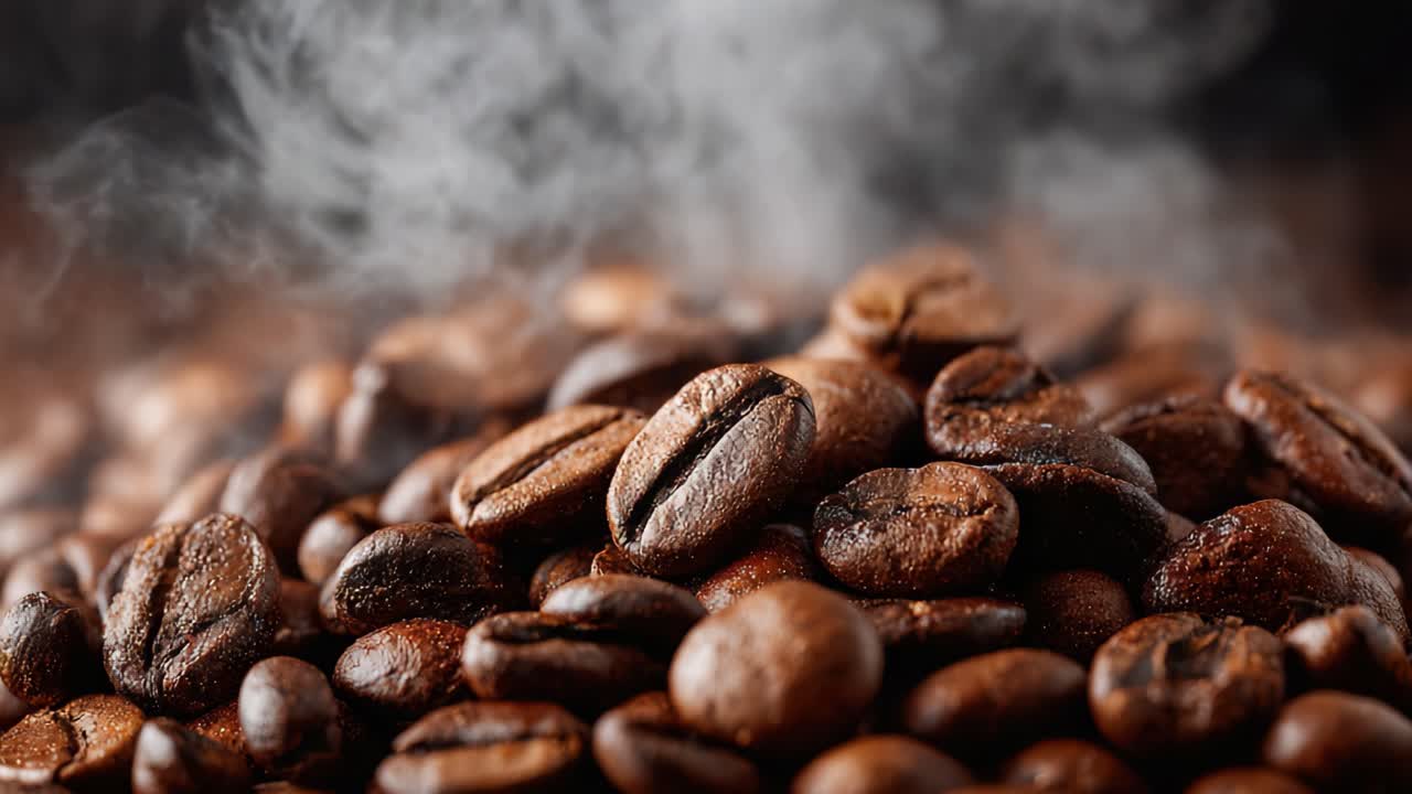 Et nærbillede af friskristede kaffebønner med aromatisk damp, der stiger op, fanger kaffekulturens rigdom og varme i et højopløseligt billede