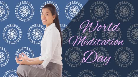animación del texto del día mundial de la meditación con una mujer biracial meditando sobre un fondo azul