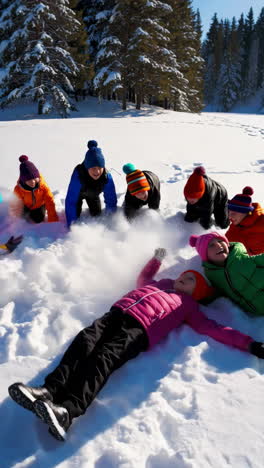 kids playing and making snow angels in a sunny winter landscape