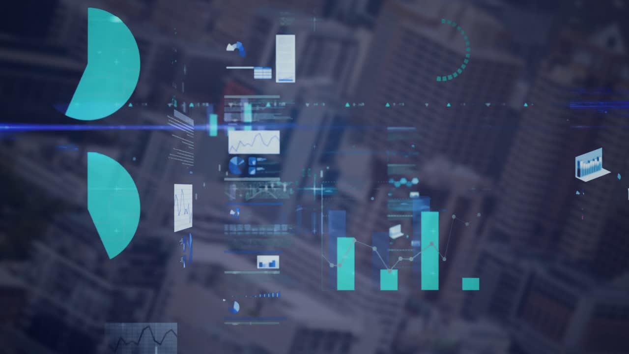 animación del procesamiento de datos estadísticos frente a una vista aérea del paisaje urbano