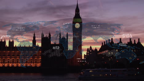 animation of data processing and world map against city traffic and big ben tower