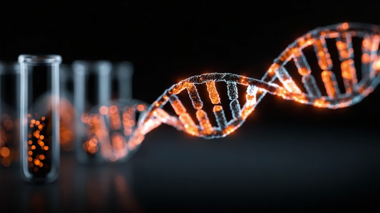 Filamento di DNA illuminato che mostra la struttura molecolare su uno sfondo scuro con provette da laboratorio, simboleggiando la ricerca genetica e la scoperta scientifica.