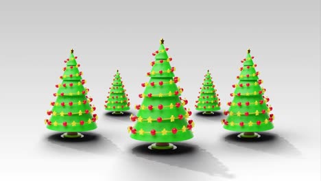 Animation-of-christmas-trees-spinning-on-grey-background