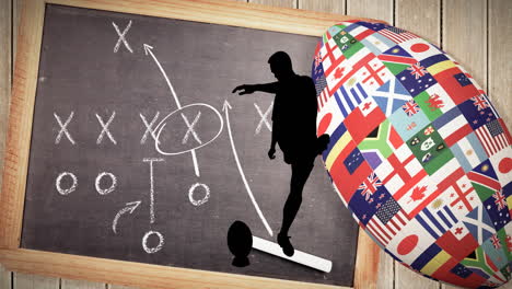 animation of silhouette of rugby player and rugby ball formed with flags with board background