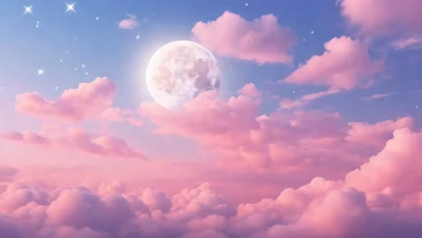 dreamy video scene of a full moon amidst pink clouds and twinkling stars, captured from a low angle