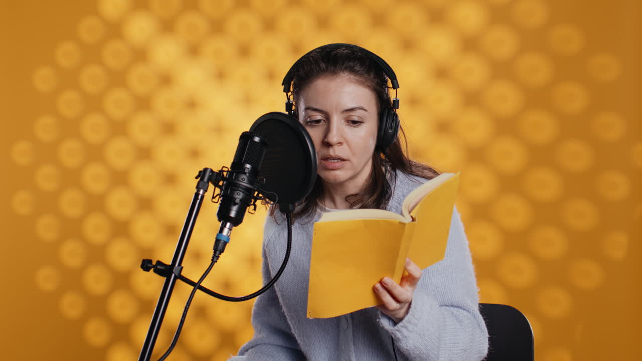 mujer haciendo voz en off lectura de libro para producir audiolibro, fondo de estudio