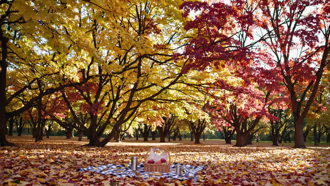 Low-angle video scene of a cozy picnic setup under vibrant autumn trees, showcasing colorful leaves