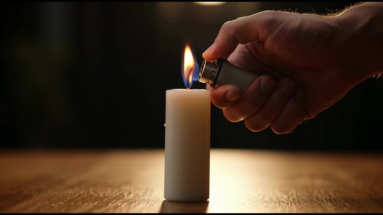 Main allumant une bougie blanche avec un briquet dans une pièce sombre