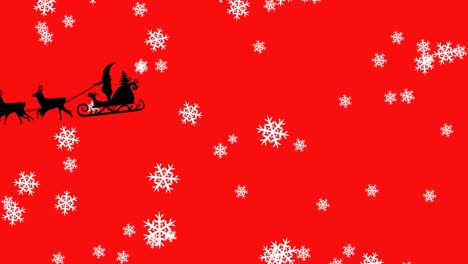 Animación-De-Santa-Claus-En-Trineo-Con-Renos-Sobre-Copos-De-Nieve-Sobre-Fondo-Rojo
