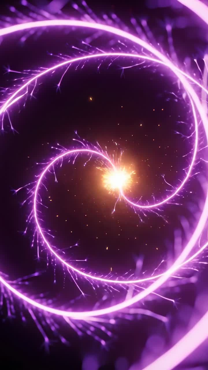 Doppia spirale che ruota verso l'interno mentre un tizzone centrale si infiamma, inviando scintille arancioni per una demo tecnologica.