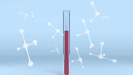 animación de nucleótidos flotantes y tubo de ensayo lleno de líquido contra un fondo azul
